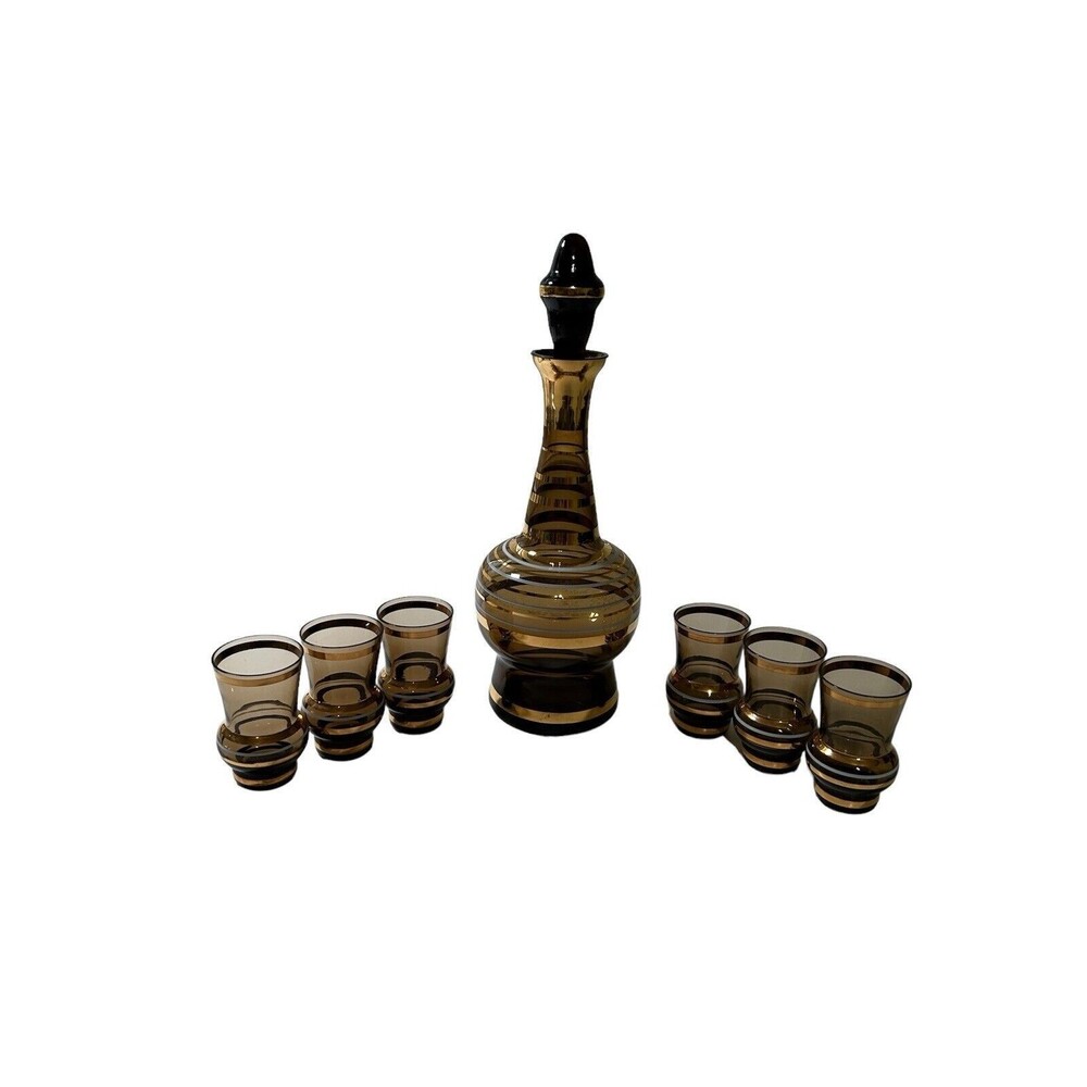 VINTAGE MCM BOHEMIAN SMOKE GLASS DECANTER WITH 6 GLASSES GOLD TRIM DESIGN